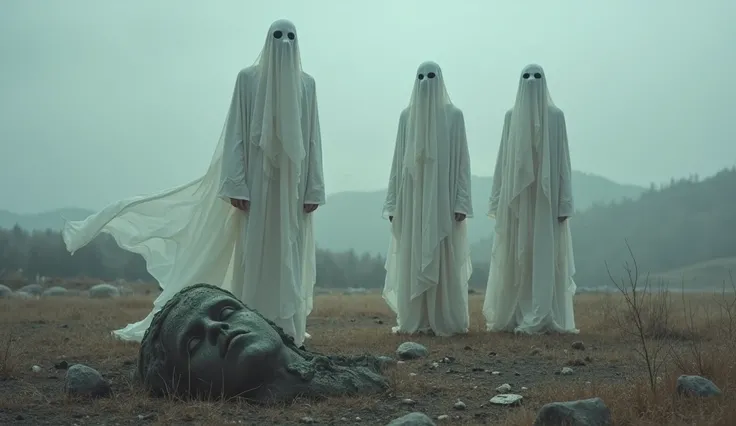 Three ghostly figures, draped in flowing white sheets, float eerily above a desolate field. Their faces are white obscured, with only faint glimpses of their eyes visible through the fabric. The atmosphere is foggy and overcast, with dry grass and scattere...