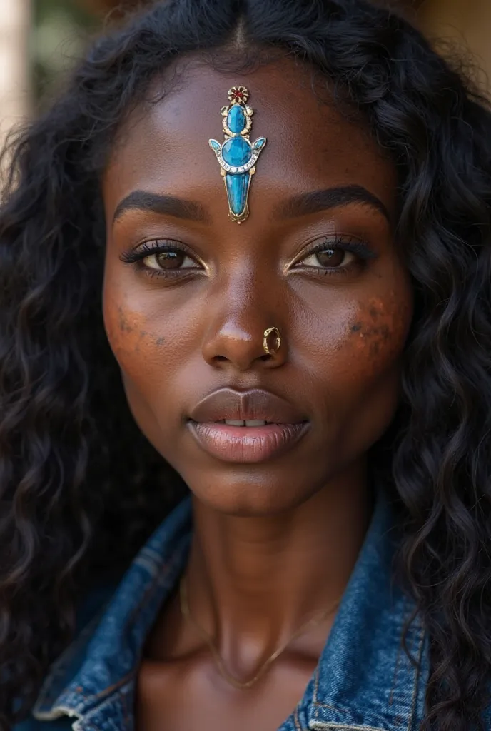 A close up on A gorgeous rich dark chocolate Hawaiian  Samoa’s Caribbean melanin skin female black lots of moles freckles covering on her face natural full round big plump lips, gold nose rings, a blue hamsa symbol on her forehead a round botton nose, extr...