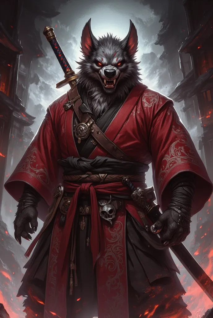 Cool tiger beastman　Samurai wearing a kimono　 Strong Man Style　I'm putting my hand on the sword stuck in my side　Looking at me with a flush of eyes