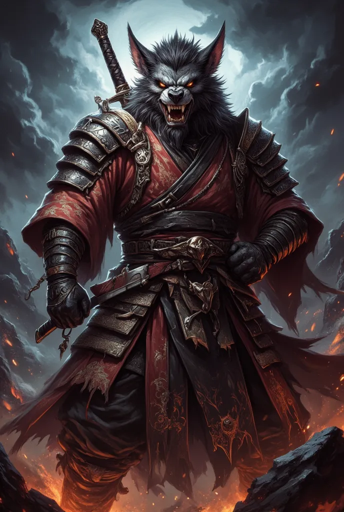 Cool tiger beastman　Samurai wearing a kimono　 Strong Man Style　I'm putting my hand on the sword stuck in my side　Looking at me with a flush of eyes