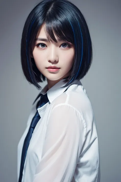 studio shot、Sharp Bob-Cut Business Portrait for Careers、dark blue hair color、Clean Style、 Confident Gaze 、Professional Lighting、ai model