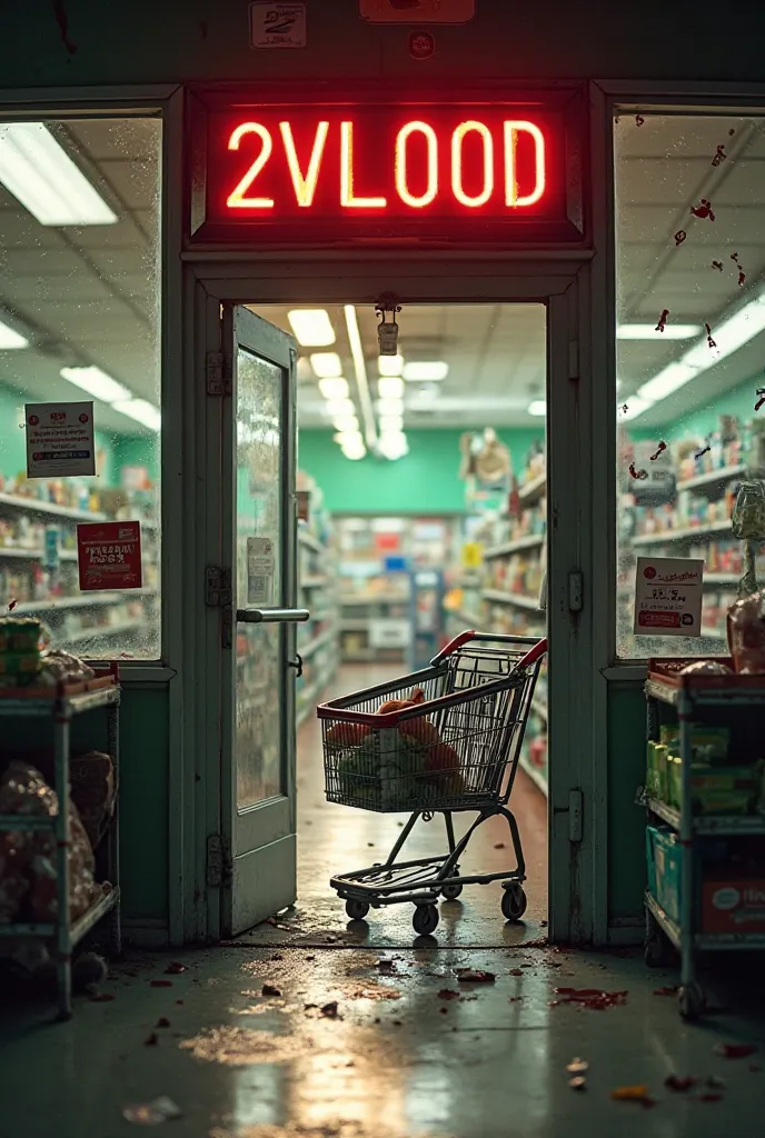 Realistic image of a destroyed supermarket at the door stuck with a market cart in the afternoon with film filter , Above the door a sign that says (2VLOOD) in red color , a couple of drops of blood and bills somewhere. That looks very much like a movie wi...