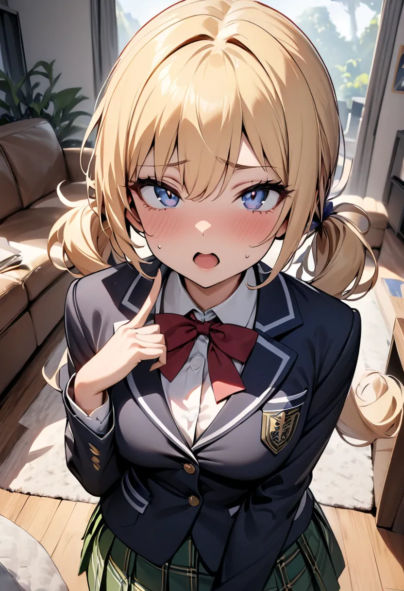 (  masterpiece  ,   top quality:1.2), 1 girl, alone,  has expressive eyes, living room,   female college student,  blonde twin tail  , green plaid skirt, (((of a girl with a perfect face))), blazer uniform, Open your mouth furiously, (stick your finger at ...