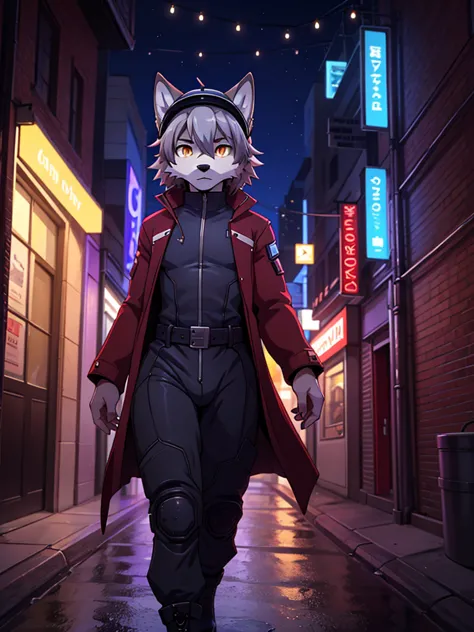 wolf furry anthropomorphic adolescent boy,gray hair with purple detail ,waist-length hair and purple, Yellow Eyes,combat suit, Black and Red Overcoat,Medieval short sword at the hem around the waist,wearing half a biker helmet on his head,city background,a...