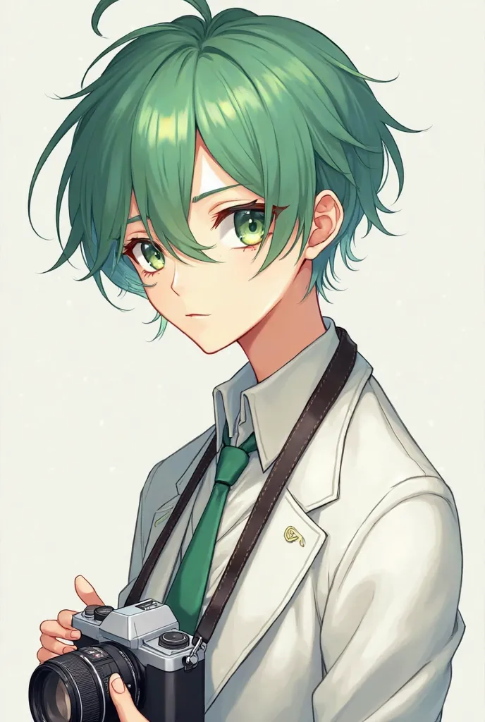 Anime, Always with a camera on the neck, wears a white jacket, has a somewhat effeminate visual but it's a boy, have green medium length hair with bangs that cover the left eye.