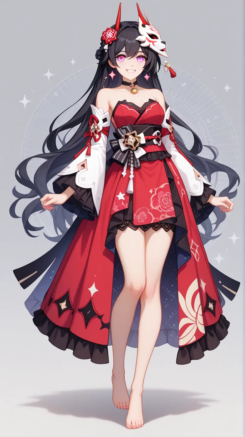 sparkle (honkai: star rail) ,very aesthetic, best quality, intricate, overall detail,transparent background, nsfw, 1girl, black hair, pink eyes, mask on head, black choker, bell, detached sleeves, red dress, sash, barefoot, standing, happy, smile,intricate...