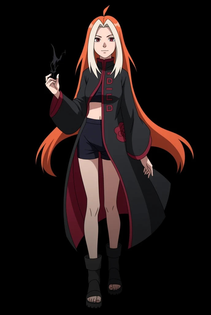  Female character of an 18-year-old girl designed for the Boruto universe: Naruto Next Generarions, in the style of Masashi Kishimoto ,  Aparência:

Age: 18 anos

 Aparência:

 Hair:  long and flaming ,  with an intense orange tone that seems to shine in t...