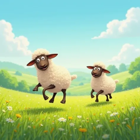 " two sheep , Philip and Will, runs happily across a lush field. Their little ankles bounce harmoniously,, and looks full of energy and joy under the bright blue sky."
