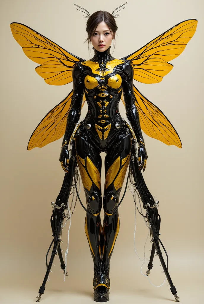 Insect-type Cyborg Girl, (top-quality:1.2, masterpiece), ultra-high resolution, ultimately surrealism, (Photorealsitic:1.4), (Like a queen bee (mechanical:1.4), (armor:1.1)), mechanical large wings, Yellow and black porcelain body resembling a wasp, mechan...