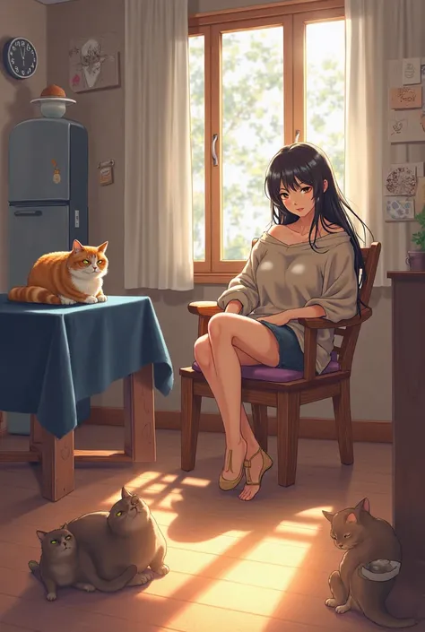 A cozy, sunlit indoor scene featuring a young woman with long, flowing dark hair, sitting on a wooden chair in a warmly lit room. She wears an oversized, off-the-shoulder sweater and a casual skirt, her legs crossed as she gazes softly towards the viewer. ...