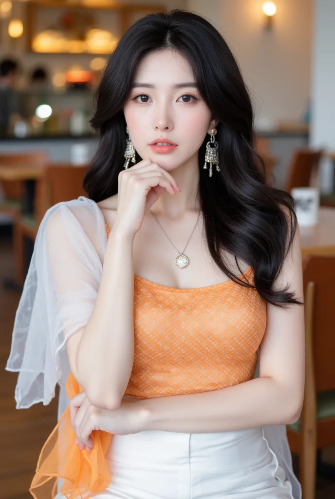 Ultra detailed body, ultra detailed face, best quality, close up, beautiful Korean female model upper body, fair skin, pretty face, brown eyes, white transparent silk combined with orange printed top, white pencil skirt, semi-transparent orange geometric s...