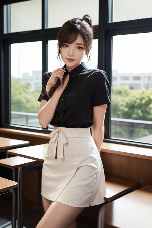  close, in the seat{{  beautiful woman wearing a white short-sleeved shirt and short black pencil skirt}} ,( Hair tied with ribbon),  standing,  sexy pose. Beautiful woman wearing 、 several lecture tables were set up behind it 。 sliding glass window 。.  ev...