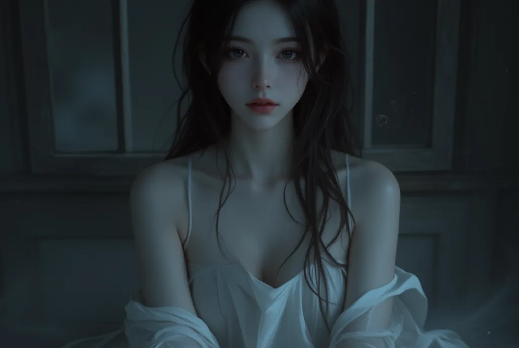  Never drawn ,  Extremely beautiful production ,  Strong Ephemeral Eyes , Transcendental charm ,  Relaxed time , She's sitting holding her lap ,  dynamic close-up ,  Beauty standing in dark, closed silence