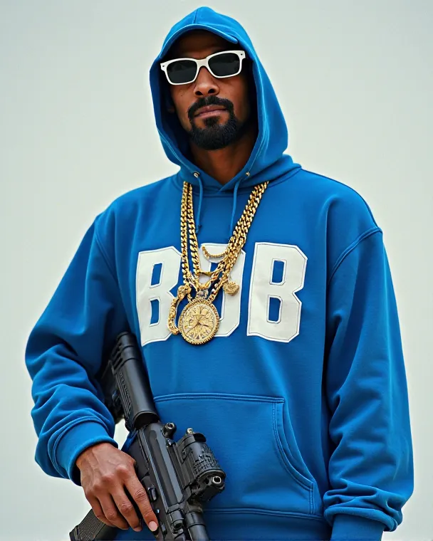 with a human body,  Holds a  . is wearing a Westside hip-hop style blue set-up suit, Wear sunglasses and chain necklaces. The t-shirt has the name BOB、I have a blue cap wrapped around my head、Has an AK gun in one hand、designs should have a bold and modern ...