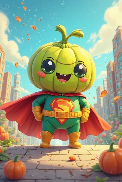 Make a Kawai pumpkin seed cartoon that is a superhero 