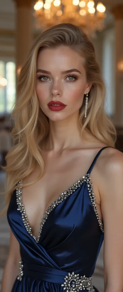 A graceful woman with dark blonde, sleek hair, full lips highlighted by bold red lipstick, very fair skin, and captivating brown eyes. She wears a stunning midnight blue evening gown with silver accents. The setting is a luxurious grand ballroom with soft,...