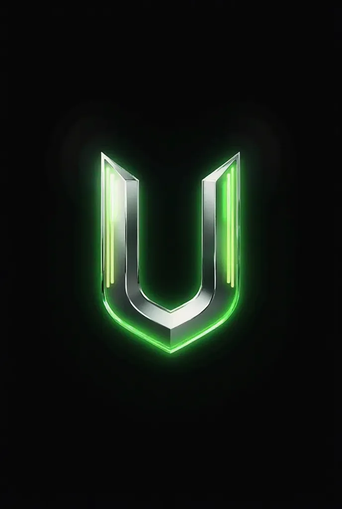 u-shaped logo, flat black background,  The name is, with a silver texture with bright green tones, cyberpunk style