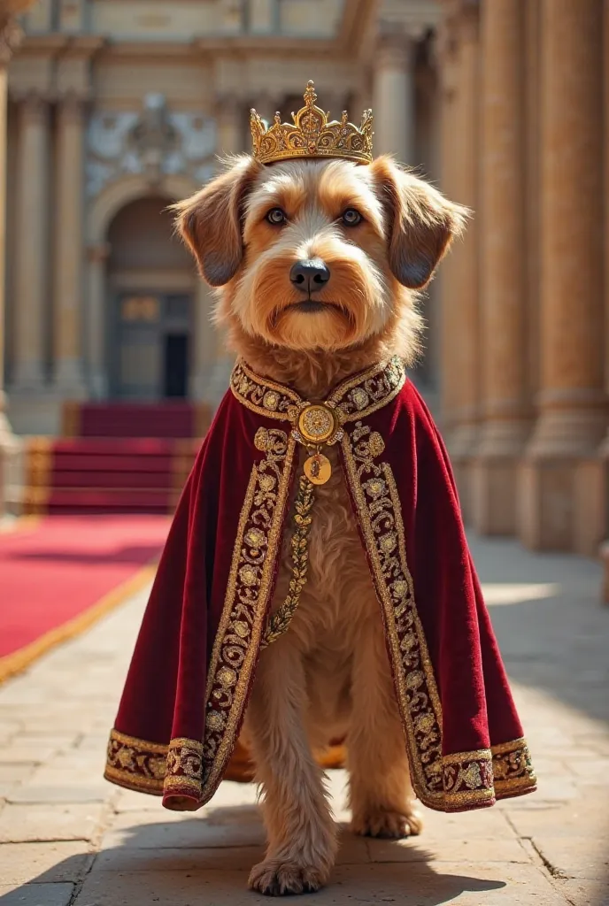 A majestic dog walking confidently through a grand palace courtyard, dressed in an elaborate royal outfit. The dog wears a luxurious velvet robe adorned with golden embroidery, a jeweled crown on its head, and a royal sash draped over its body. The backgro...