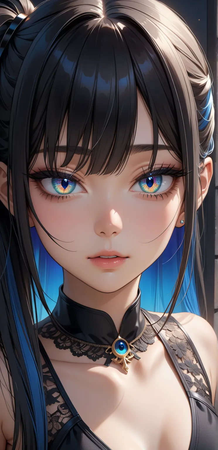 Close up, upper body, Random Sexy pose , ((Ultra detailing)), ((very aesthetic, best quality, ultra detailed)), intricate details, 1girl, ((long hair, Black hair, Side ponytail, blue inner hair)), ((Multi colour eyes)), ((Detailed eyes)), ((Beautifull eyes...