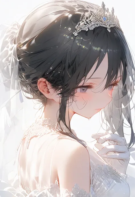 Ayase Aragaki, 1 girl, Alone , dress, tiara, black hair,  bare shoulders , wedding dress, white background, Gloves, white dress