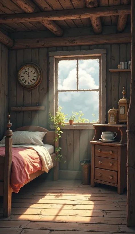 There is a bed in a simple hut、There is a window、I have an antique clock、The weather is cloudy、There are no people in this hut, which has a warm atmosphere、