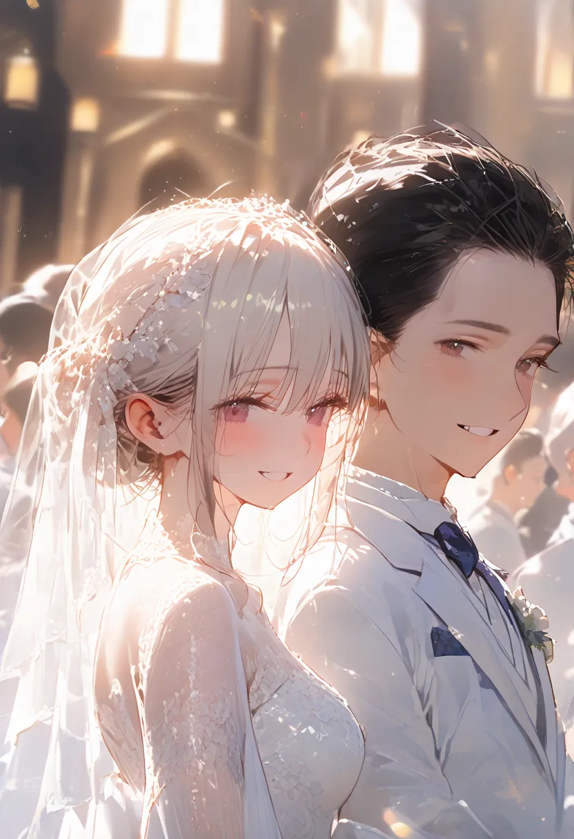 masterpiece, Textured skin,  tall details , awarded, the best quality,  highres, 4k, ((( Headshot ))),Beautiful bride and groom, lined up side by side,wedding,People who bless those around, inside the church ,happy atmosphere, blurred background