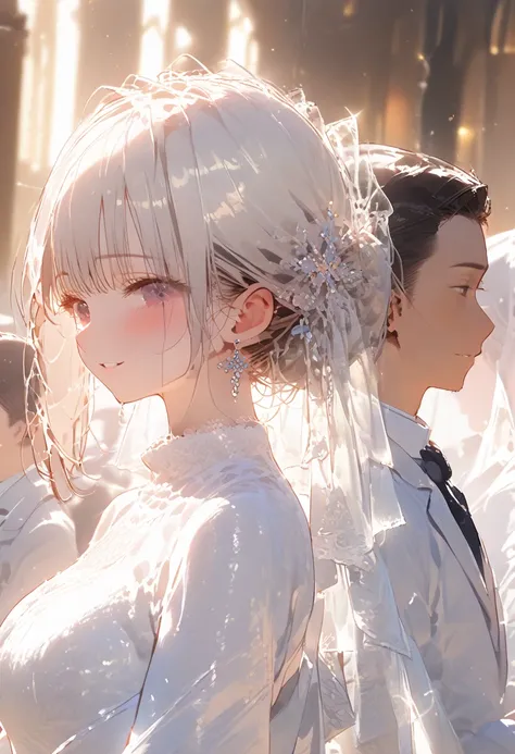 masterpiece, Textured skin,  tall details , awarded, the best quality,  highres, 4k, ((( Headshot ))),Beautiful bride and groom, lined up side by side,wedding,People who bless those around, inside the church ,happy atmosphere, blurred background