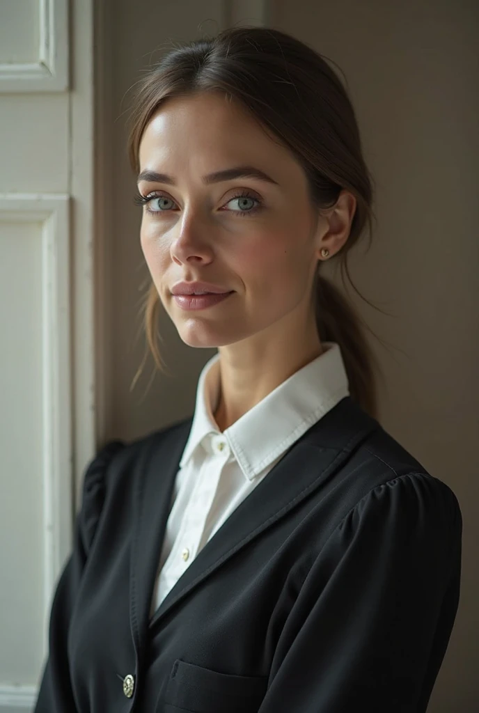 English Woman, 40s, in her school uniform, hair neatly and completely tied up, white open collar blouse under black school black dress, no tie.
