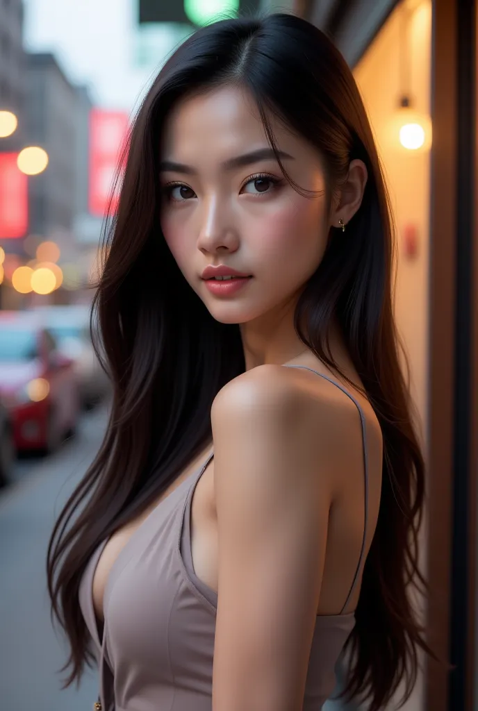 A stunning East Asian woman with long, silky black hair that falls gracefully over her shoulders. Her complexion is smooth and radiant, with a soft porcelain or warm golden undertone. Her almond-shaped, dark brown eyes are deep and expressive, framed by de...