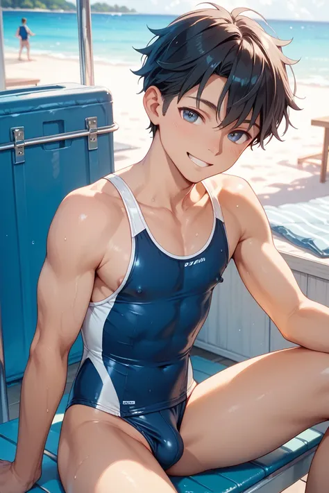 gravure　 black hair　 middle school student　Nipples　male　swimsuit　Smiling dick　