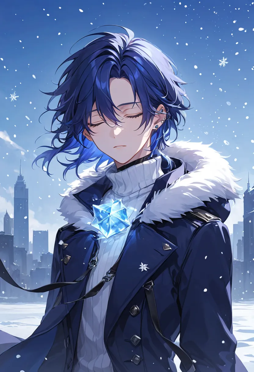 "Ultra-detailed hyper-realistic anime style, a young man with deep midnight blue hair that shimmers with subtle silver-blue highlights. His silky layered hair falls naturally, with strands gently covering his forehead. His downturned eyes are a piercing ic...