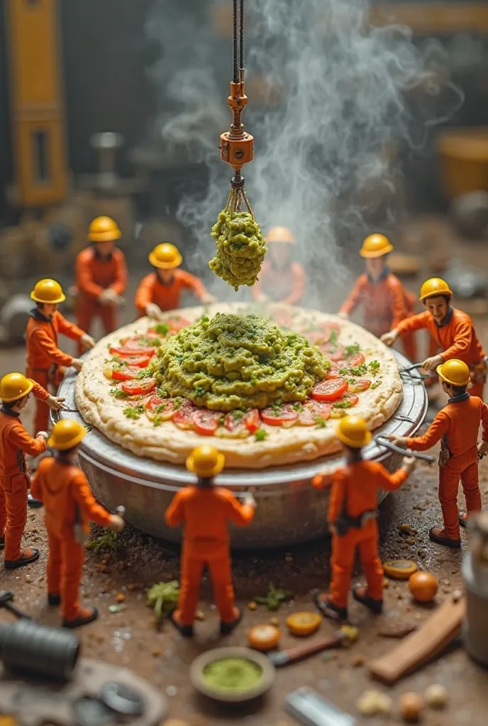 "A miniature scene of construction workers wearing orange uniforms and yellow helmets, all actively working together to prepare a giant burrito. Some are lifting guacamole with a small crane, while others are chopping vegetables, spreading ingredients, and...