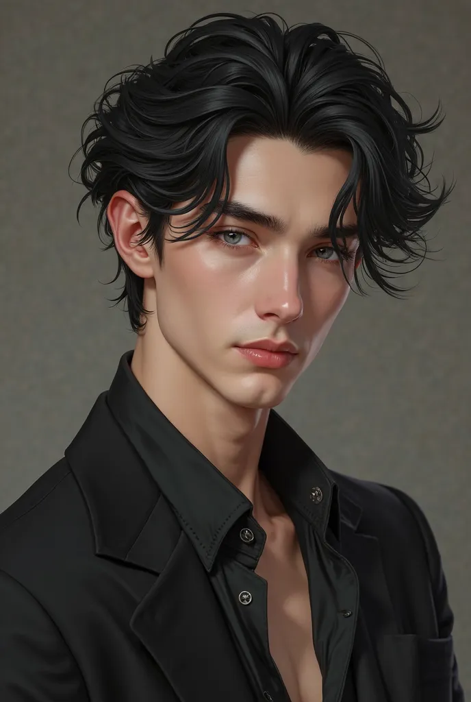 Adult from 20 to 25, wavy hair, black hair, hair that reaches up to his ears, white skin, high, elegant but at the same time relaxed posture,  profiled face  ,  gray eyes 