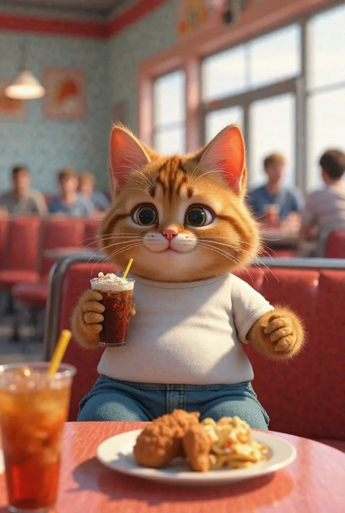 In 3d Pixar animation.
Character, Brown super chubby tabby kitten wearing white shirt and blue pants.
Action, kitten sitting at a restaurant holding a burger and a soda. In front of the kitten is a table of cake, fried chicken, french fries, ice cream and ...