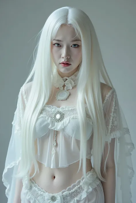 white skin and reflective eyes, natalie shau, portrait of albino mystic, with long white hair, albino white pale skin, with white long hair, inspired by Ignacy Witkiewicz, natalie shau tom bagshaw, inspired by Ray Caesar, white witch, monia merlo, pale got...