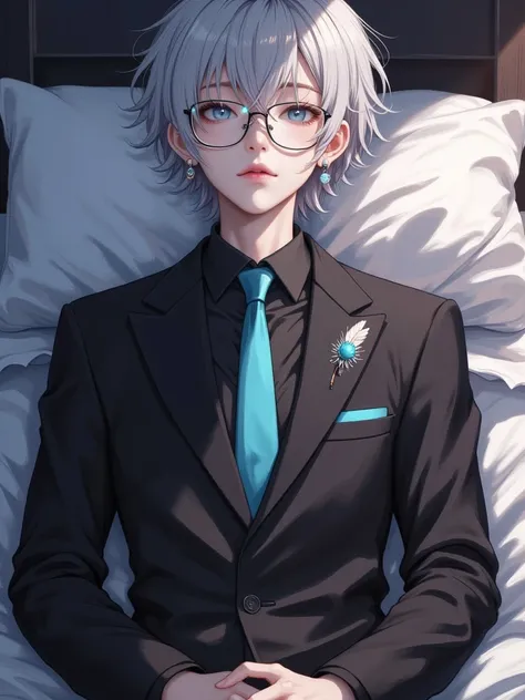 boy white messy wolfcut hair , sparkly blue eyes , Wear a black tent suit , cyan necktie , black shirt in suit , black trousers , high resolution , sleepy face , black glasses , Tied up arms , Crystal Feather Earpiece , hair closed eyes , Open your eyes , ...