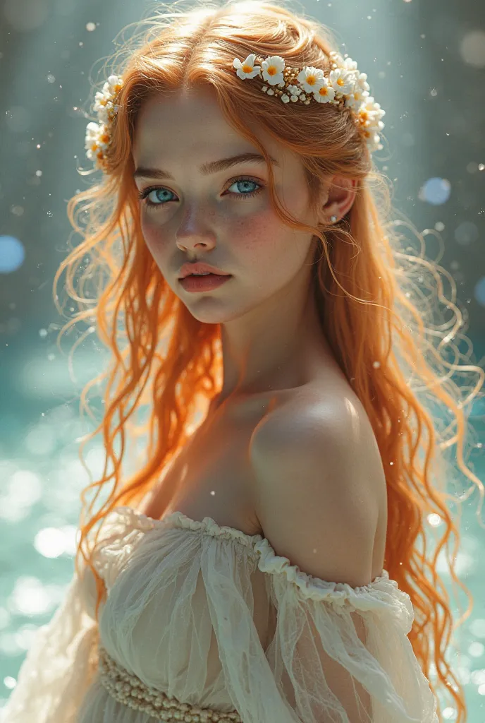 Incarnation of beauty, the reincarnation of Aphrodite.
Young girl, with albino white skin, bright blue eyes, very long strawberry golden hair.