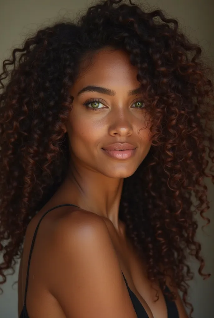 A young and attractive woman with voluminous and well-defined curly hair,  in a dark brown tone .  Your green eyes are intense and captivating ,  conveying charm and mystery . Her brown skin has a natural glow, enhancing your beauty. She displays an enchan...