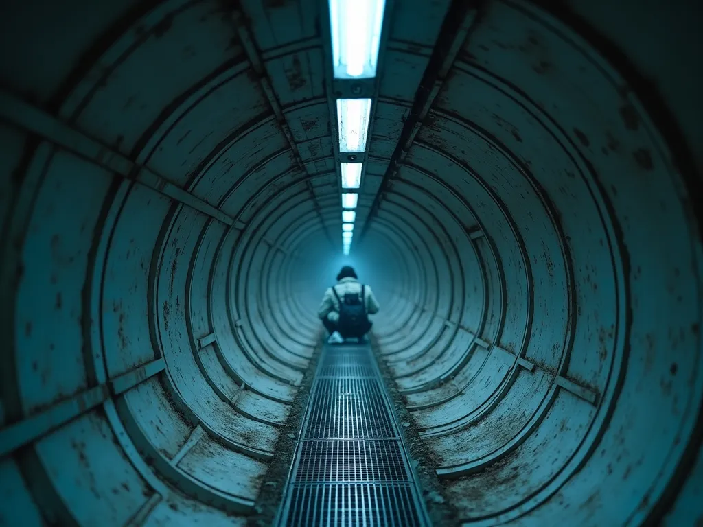 "A very narrow futuristic air duct tunnel inside a high-tech building, made of metallic walls with a slightly worn texture, illuminated by dim blue lights. The space is just big enough for a single person to crawl through. The atmosphere is slightly dusty,...