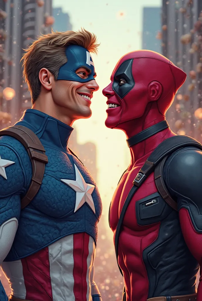 Captain America smiles and stares at Deadpool.