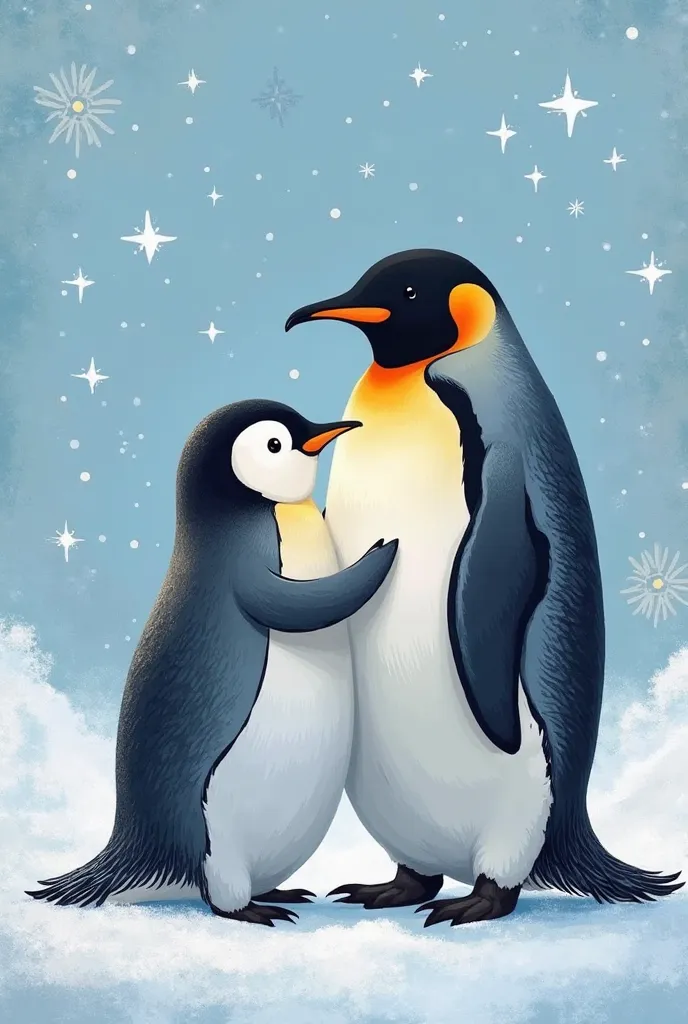 I want a daddy penguin and a baby penguin. Let the baby penguin be small and sweet. Let them be in an ice fairytale land.  hug each other . Let it be a sweet environment. Let penguins be like drawing and bright. Let the surrounding area be bright and spark...