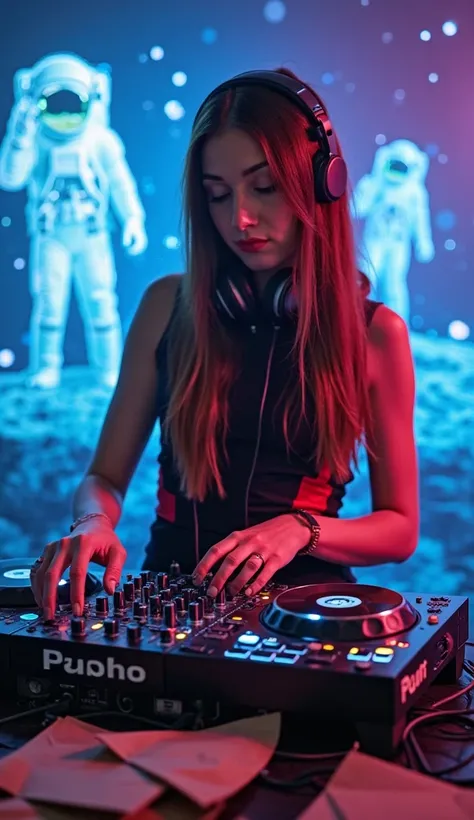 A young female DJ with long, straight brown hair is performing in a nightclub. She is wearing a stylish black and red sleeveless top. Her right hand is adjusting the mixer, while her left hand is touching her headphones. The DJ equipment is detailed with k...