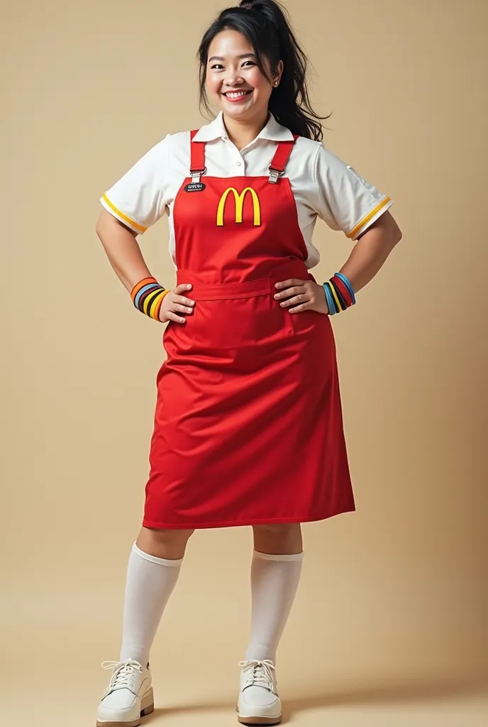 Fat adult asian female girl, wearing McDonald’s outfit, wearing wristbands and high over knee white socks, ponytail 