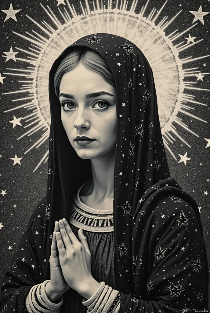 inspired by Andrew Warhola//silkscreen art//Contemporary Art//psychedelic// Blessed Virgin Mary/full body/ monotone//Black and White//background/STARDUST