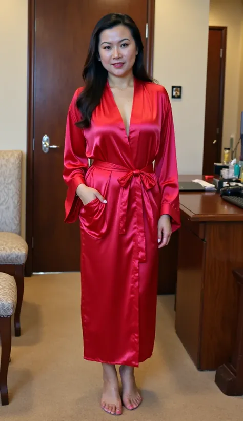 beautiful asian milf, satin sexy robe, seductive face, standing in office, high heels, sexy body.