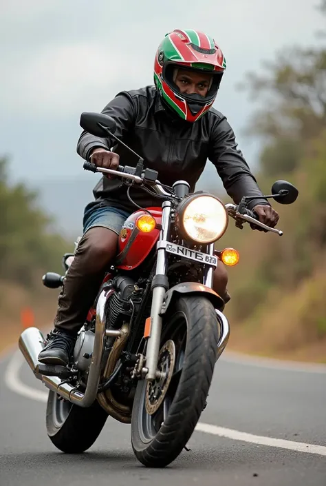 
Help me create a standard logo with the headline on top: "Boda Boda KE", with a small Kenyan flag and a real motorbike on the road with the rider wearing a helmet and reflector to use as a x(Twitter) profile picture 