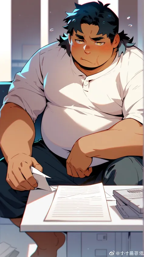 Man, white shirt, work pants, black hair, bangs, messy, blush, grumpy, pout, sitting on couch, black shorts, flustered, chubby, round belly, tan skin, office man, belly button, handsome, thirties, long-ish hair, medium hair, gold eyes