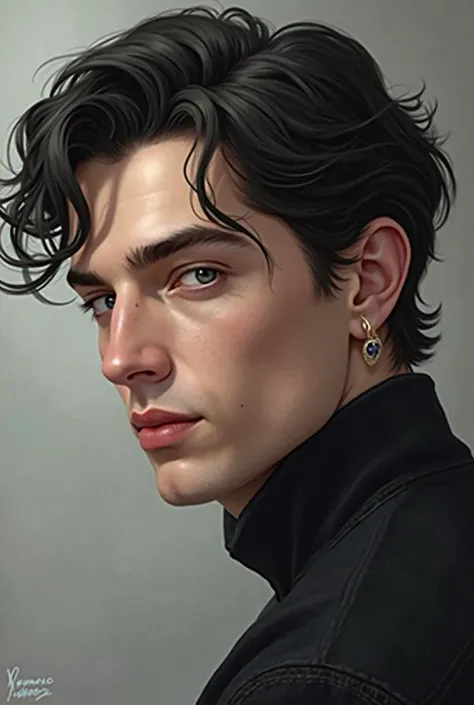 Adult from 20 to 25, wavy hair, black hair, hair that reaches up to his ears, white skin, high, elegant but at the same time relaxed posture,  profiled face  ,  gray eyes 