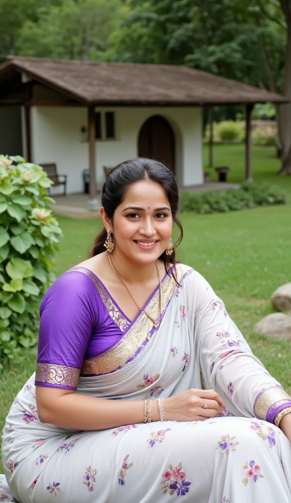 Malayali woman, wearing light ash  saree and violet ethnic  blouse, sotting in Switzerland garden,Looking at viewer, 