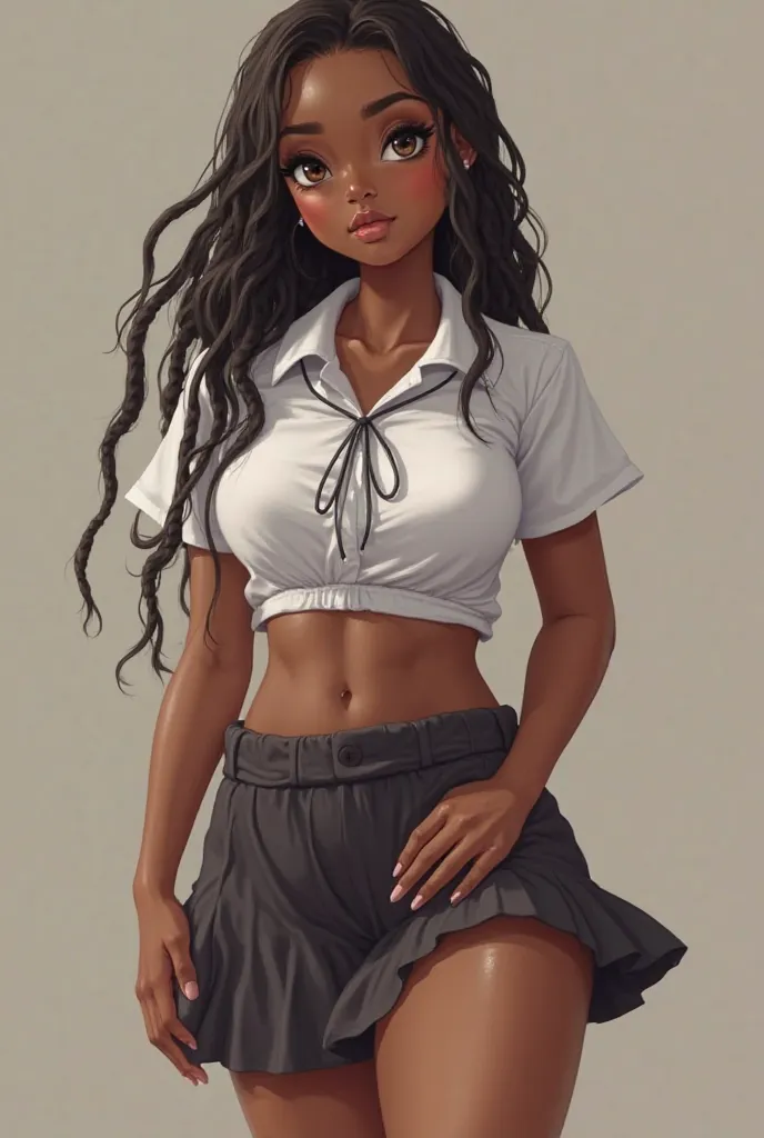 she is wearing a cute school uniform her breast are lactating  and her thighs are chubby and has on white ankle lace frilly socks and mary jane heals and her shirt is tied into a croptop and a high waisted super short micro skirt thats so short is cant eve...